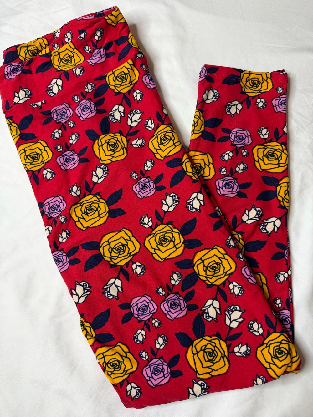 LuLaRoe TC2 Red Leggings with Yellow and Pink Rose Print